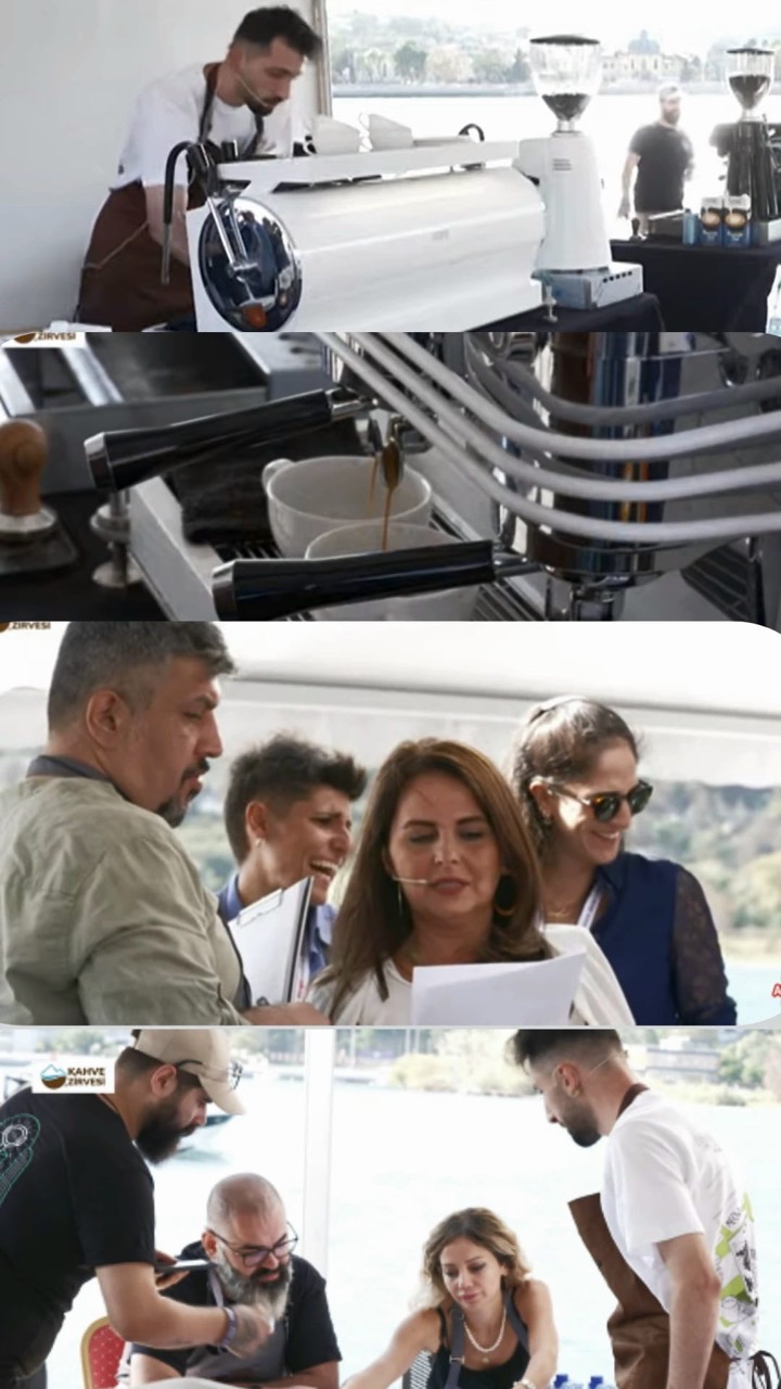 Four-panel collage showing espresso preparation and people at a coffee event